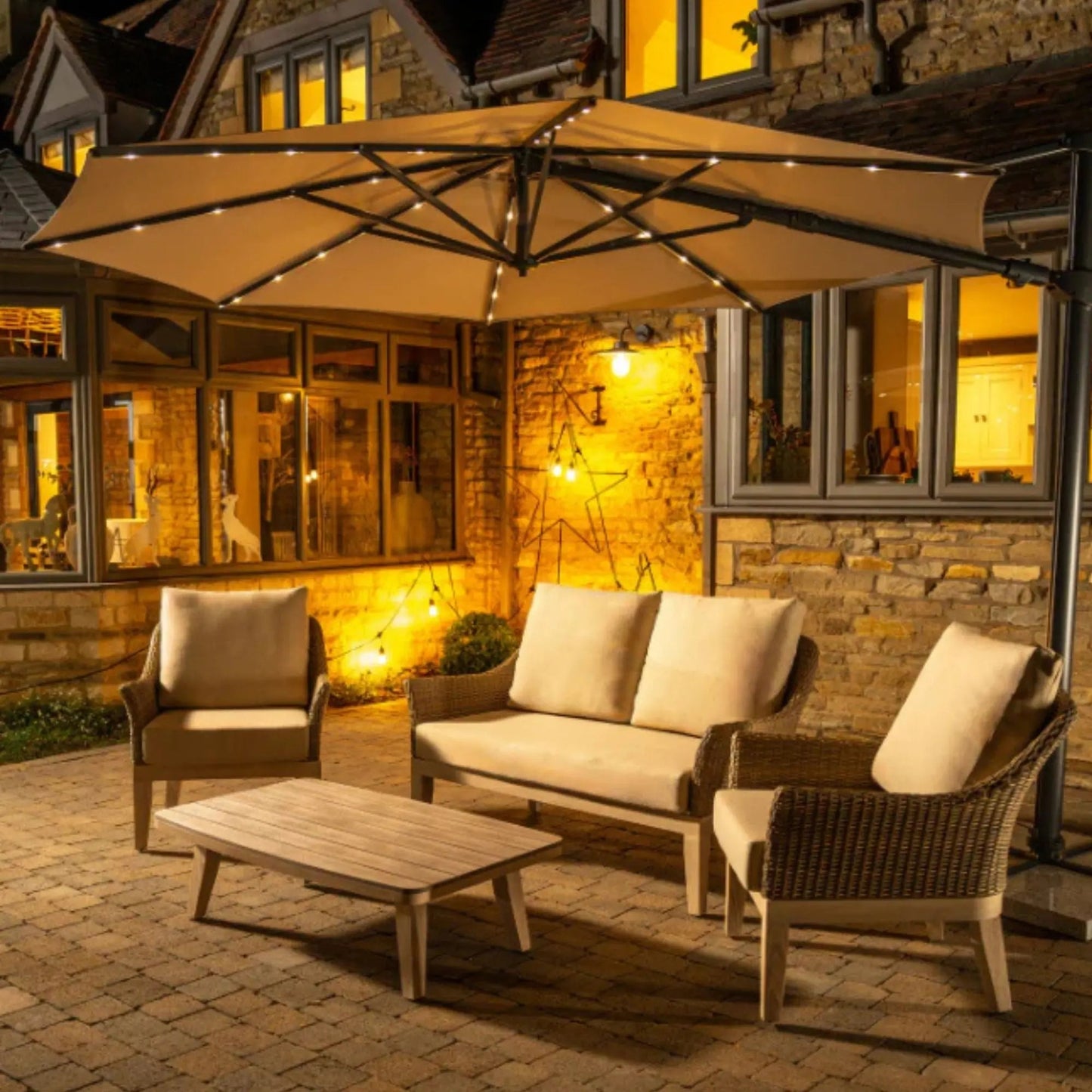 Kettler Orion 3.0m Round Stone Canopy LED Cantilever Parasol with Side Tilt, Granite Base & Night Cover - Grey Frame