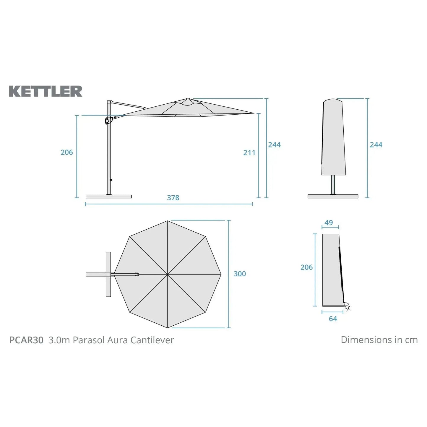 Kettler Aura 3m Round Stone Cantilever Parasol with Night Cover